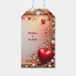 Ornate Red Hearts with Gold and Pearls Gift Tags