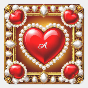Ornate Red Hearts with Gold and Pearls Square Sticker
