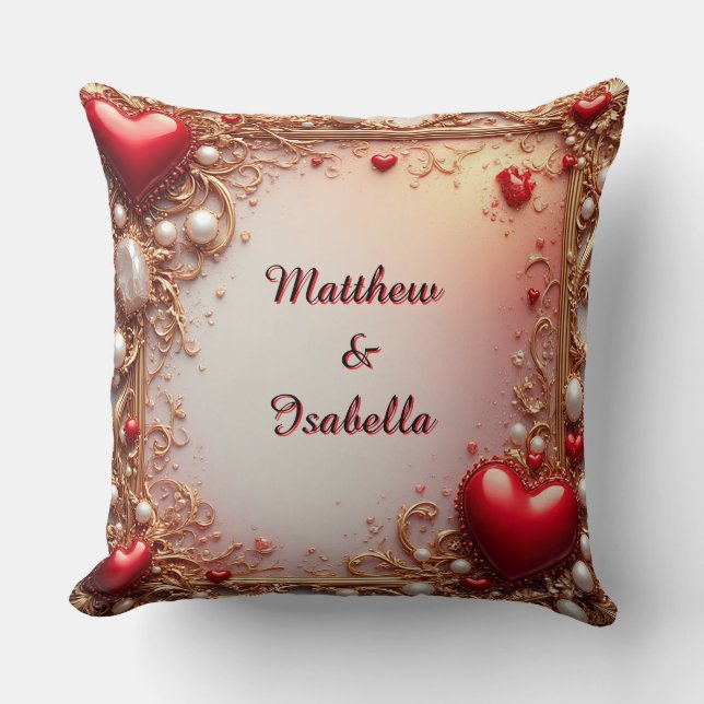 Ornate Red Hearts with Gold and Pearls Throw Pillow (Front)