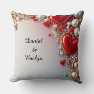 Ornate Red Hearts with Gold and Pearls Throw Pillow