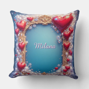 Ornate Red Hearts with Gold and Pearls Throw Pillow