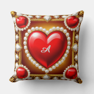 Ornate Red Hearts with Gold and Pearls Throw Pillow