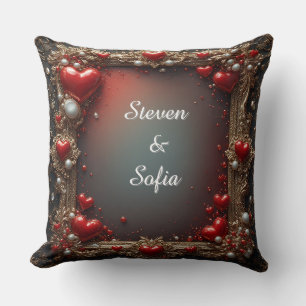 Ornate Red Hearts with Gold and Pearls Throw Pillow