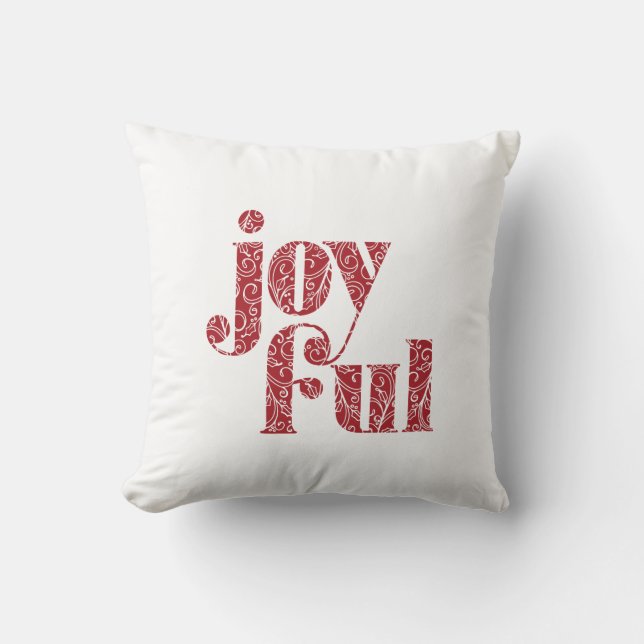 Ornate Red Joyful typography Christmas/Holiday Throw Pillow (Front)