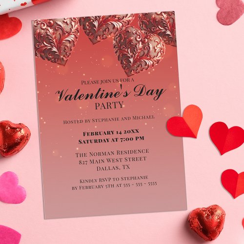Ornate Red Metallic Hearts Valentines Day Party Invitation