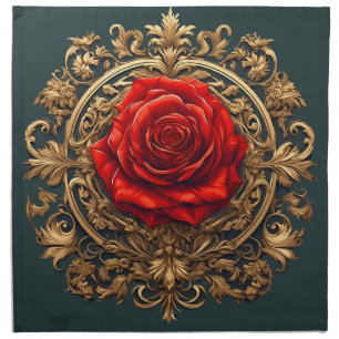 Ornate Red Rose With Gold Baroque Frame Cloth Napkin