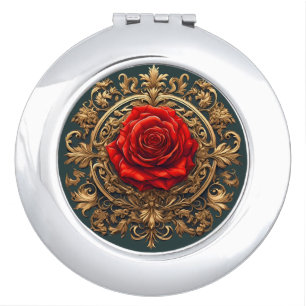 Ornate Red Rose With Gold Baroque Frame Compact Mirror