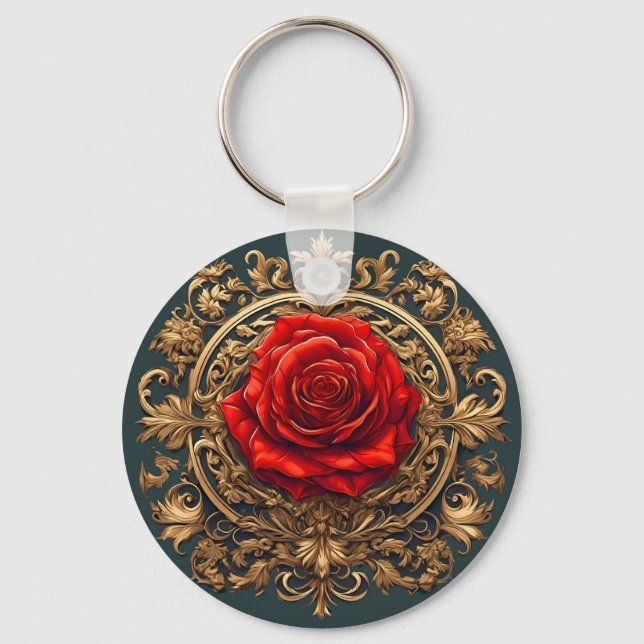 Ornate Red Rose With Gold Baroque Frame Keychain (Front)