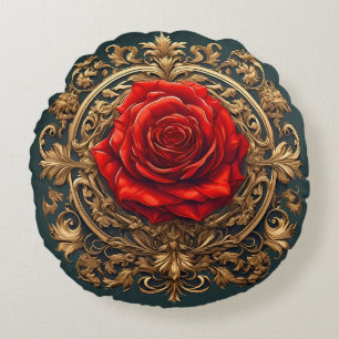 Ornate Red Rose With Gold Baroque Frame Round Pillow