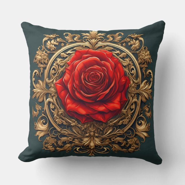 Ornate Red Rose With Gold Baroque Frame Throw Pillow (Front)