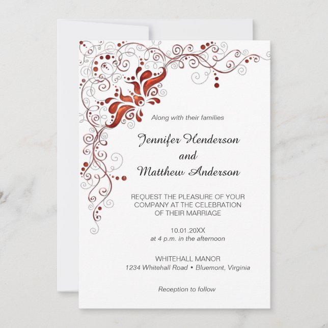Ornate Red Swirls on White Wedding Invitation (Front)
