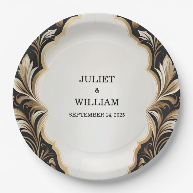 Ornate Retro Arabic Exotic Bold Damask Wedding Paper Plates (Front)