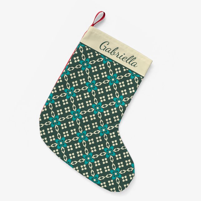 Ornate Retro Pattern Emerald Green Personalized Small Christmas Stocking (Front (Hanging))