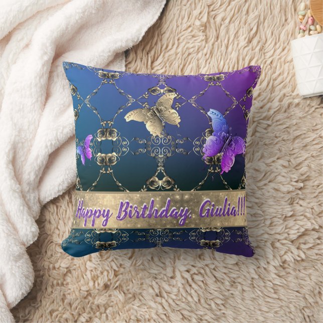 Ornate Rose & Butterfly Blue Throw Pillow (Blanket)