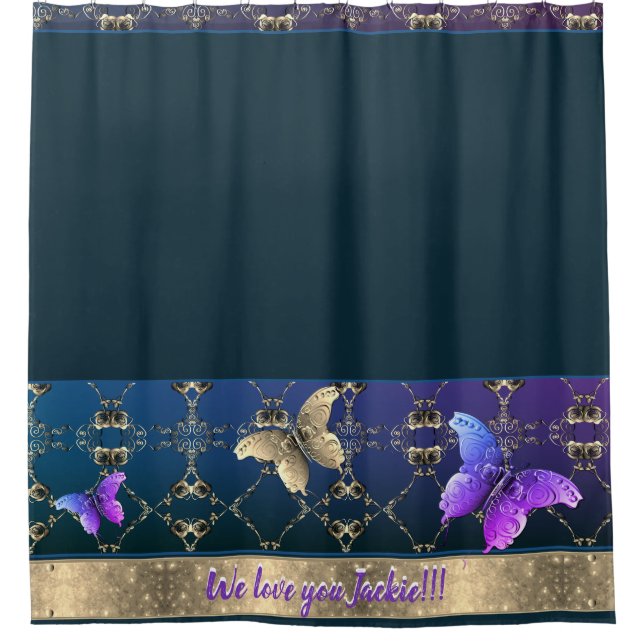 Ornate Rose & Butterfly Drk Blue Shower Curtain (Front)
