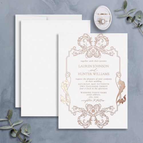 Ornate Rose Gold Floral Line Art Monogram Wedding Foil Invitation