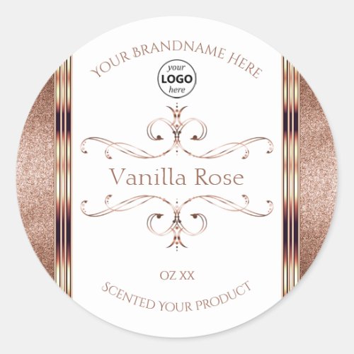 Ornate Rose Gold Glitter White Product Labels Logo