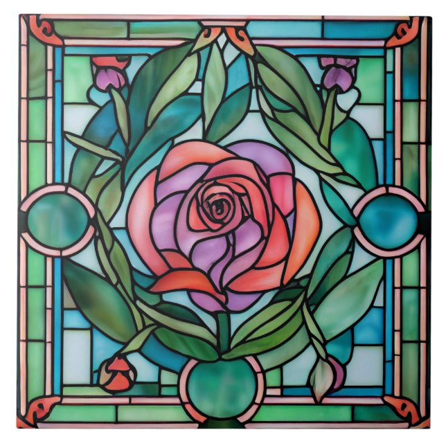 Ornate Rose Leaves Wreath Stained Glass Style Ceramic Tile (Front)