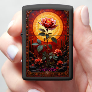 Ornate Rose on Fiery Zippo Lighter
