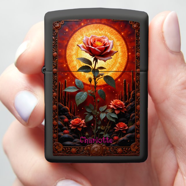 Ornate Rose on Fiery Zippo Lighter (In Hand)