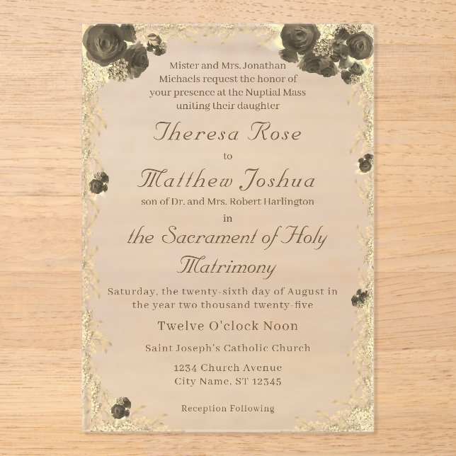 Ornate Roses Catholic Wedding Invitation (Front)