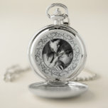 Ornate Round Frame Custom Photo Pocket Watch<br><div class="desc">This ornate silver grey design looks great with black and white photos. You can change a color photo to b&w using a filter. Click customise to alter your image.</div>
