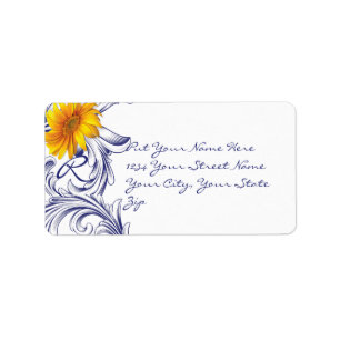 Ornate Royal Blue and Yellow Sunflowers Monogram Label