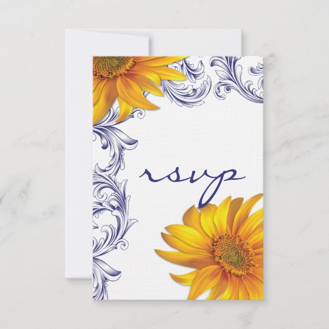 Ornate Royal Blue and Yellow Sunflowers  RSVP (Front)