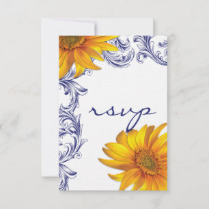 Ornate Royal Blue and Yellow Sunflowers  RSVP Card