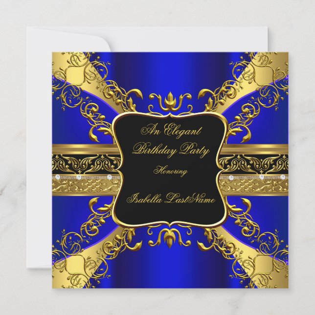 Ornate Royal Blue Black Gold Birthday Party 3 Invitation (Front)