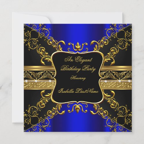Ornate Royal Blue Black Gold Birthday Party Invitation