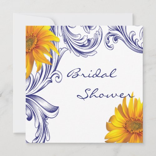 Ornate Royal Blue Yellow Sunflowers Bridal Shower Invitation