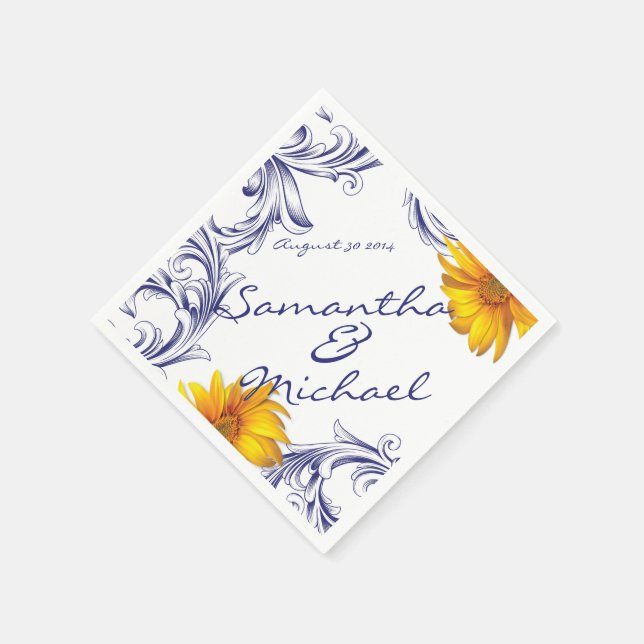 Ornate Royal Blue Yellow Sunflowers Paper Napkins (Corner)