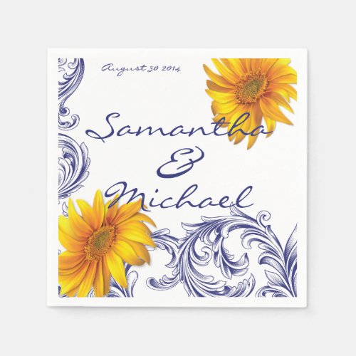 Ornate Royal Blue Yellow Sunflowers Paper Napkins