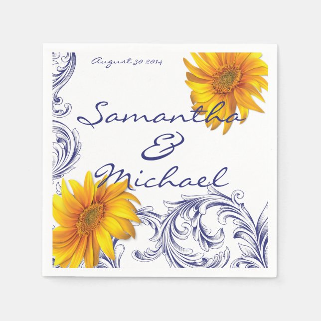 Ornate Royal Blue Yellow Sunflowers Paper Napkins (Front)