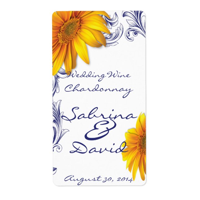 Ornate Royal Blue  Yellow Sunflowers Wedding Wine Label (Front)