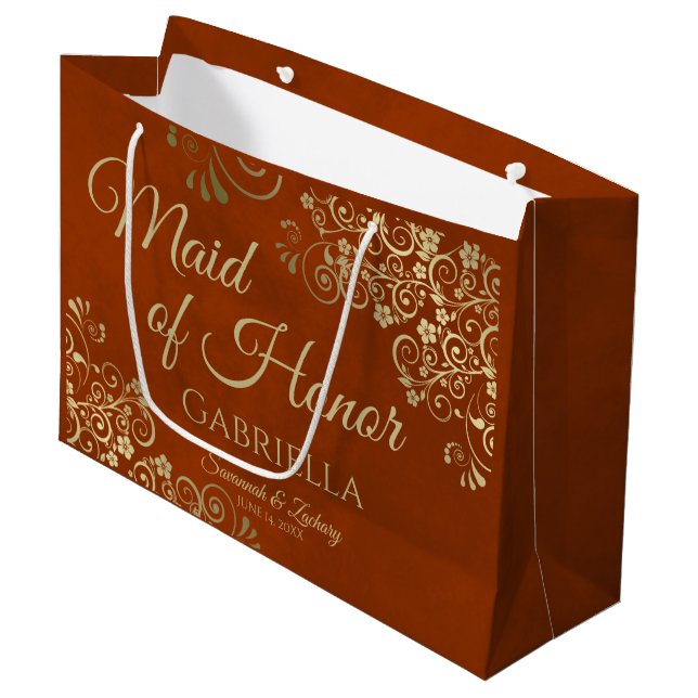 Ornate Rust Orange & Gold Maid of Honor Wedding Large Gift Bag (Front Angled)