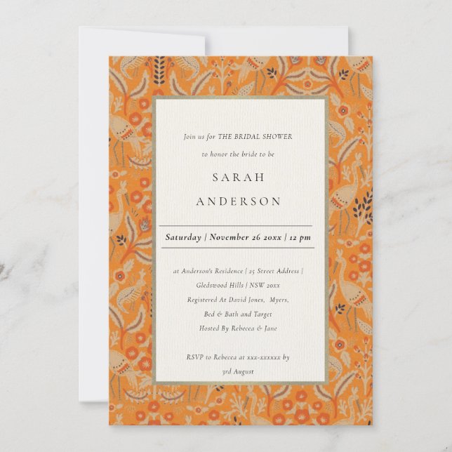 Ornate Rust Red Flora Peacock Bridal Shower Invite (Front)