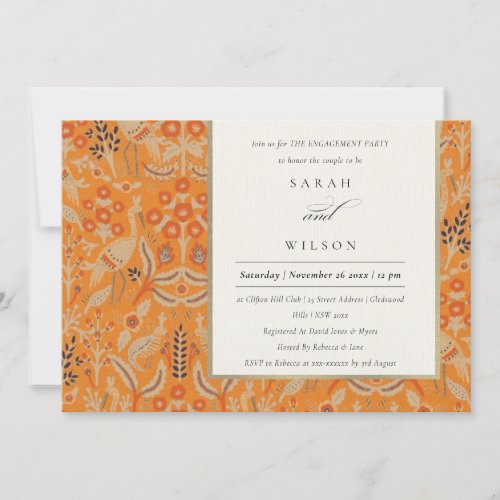 Ornate Rust Red Floral Peacock Engagement Invite