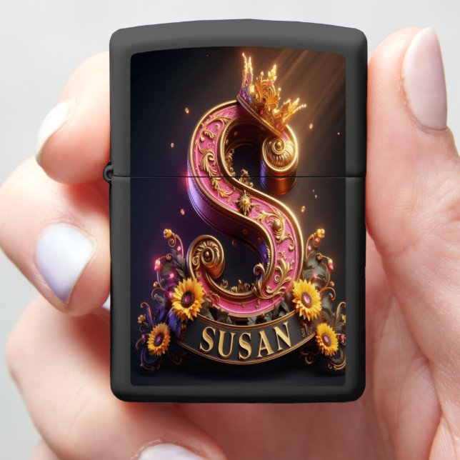 Ornate S With Crown and Sunflowers Zippo Lighter (In Hand)