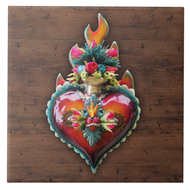 Ornate Sacred Flaming Heart Wall Plaque Ceramic Tile (Front)