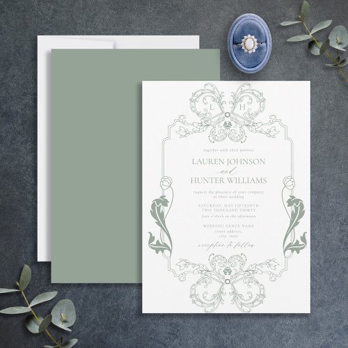 Ornate Sage Green Floral Line Art Monogram Wedding Invitation