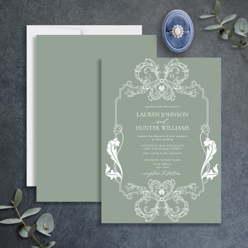 Ornate Sage Green Floral Line Art Monogram Wedding Invitation