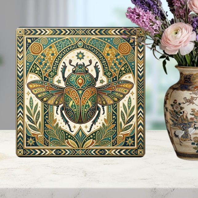 Ornate Scarab Beetle Emerald Teal Gold Art Nouveau Ceramic Tile (Creator Uploaded)