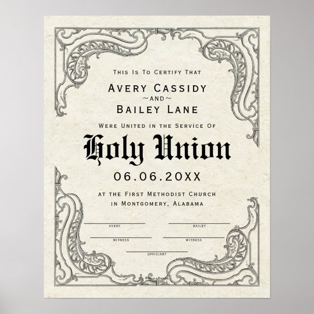 Ornate Scroll Border Frame ♥ Wedding Certificate Poster (Front)
