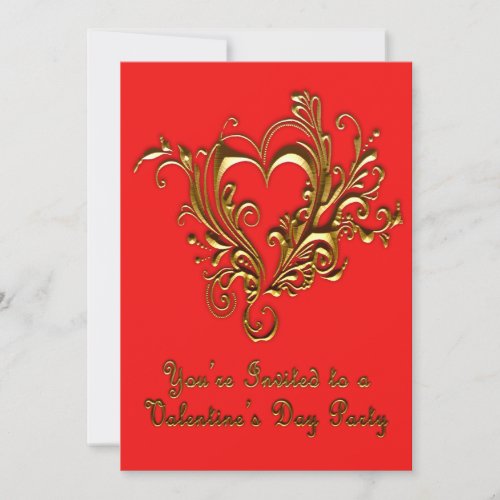 Ornate Scrolled Heart Metallic Gold on Bright Red Personalized Invite
