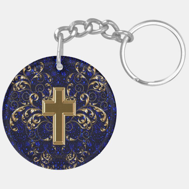 Ornate Scrolls & Cross Keychain, Drk Blue & Gold Keychain (Back Right)