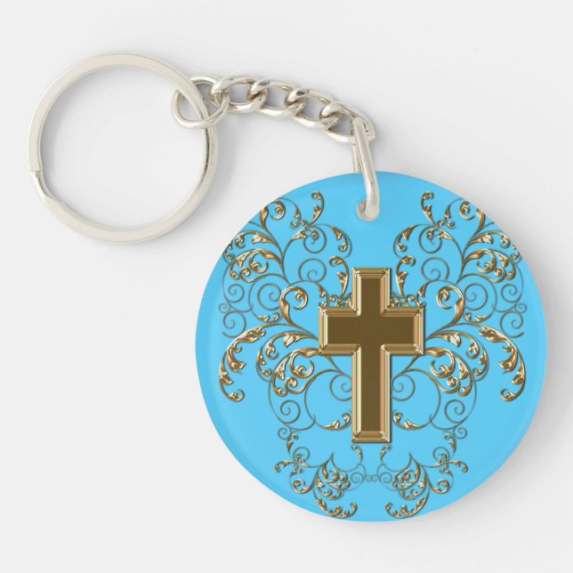 Ornate Scrolls & Cross Keychain, Light Blue & Gold Keychain (Front)
