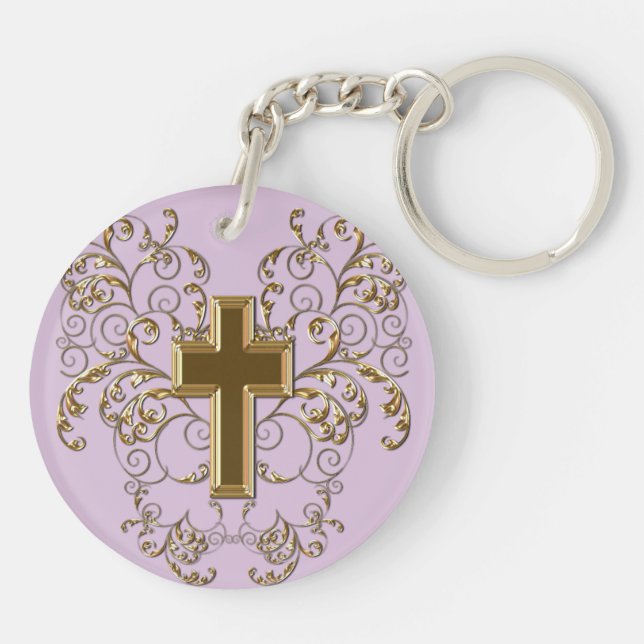 Ornate Scrolls & Cross Keychain, Purple & Gold Keychain (Back)