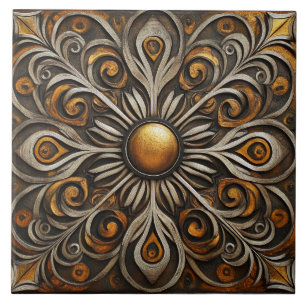 Ornate Scrollwork with Golden Center2 Ceramic Tile